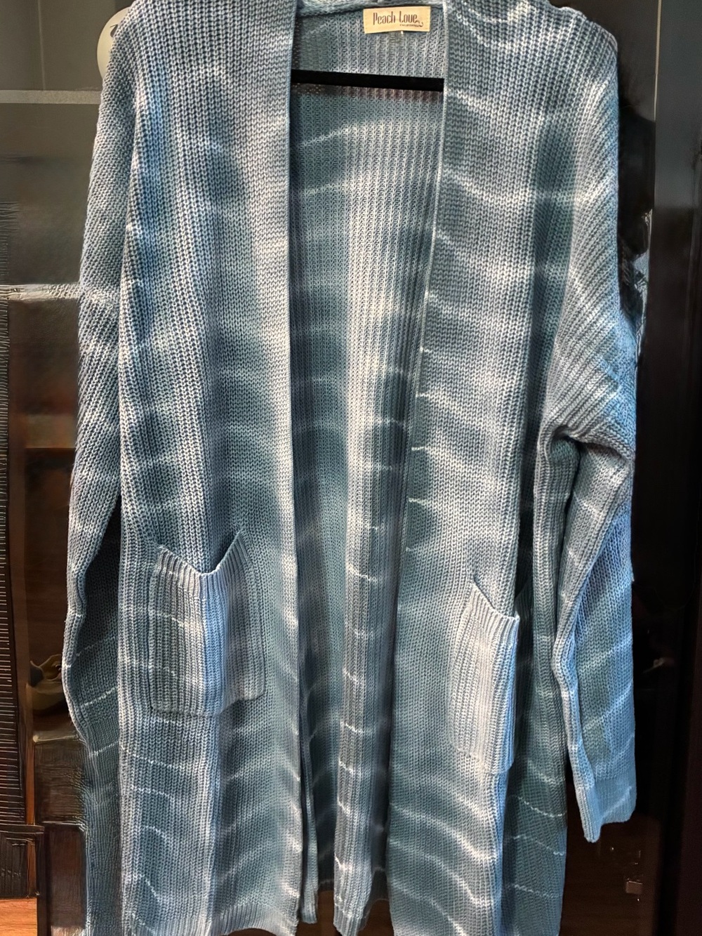 Peach Love California Women’s Oversized Open-Front Blue Tie-Dye Knit Cardigan
